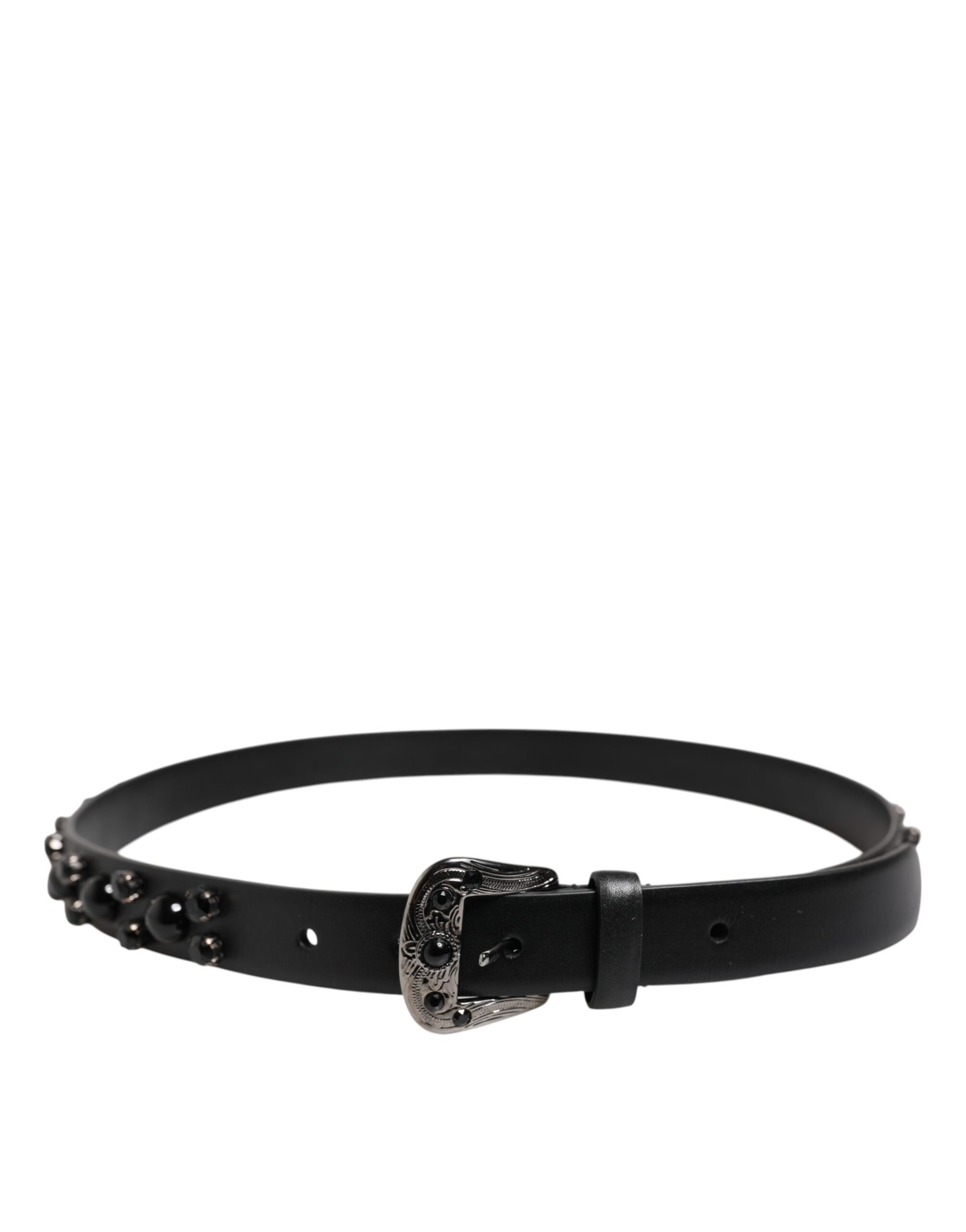 Black Studded Leather Metal Logo Buckle Belt
