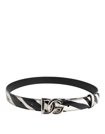 Black White Leather Silver Metal Buckle Belt