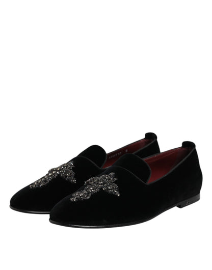 Black Velvet Embellished Loafer Slip On Shoes