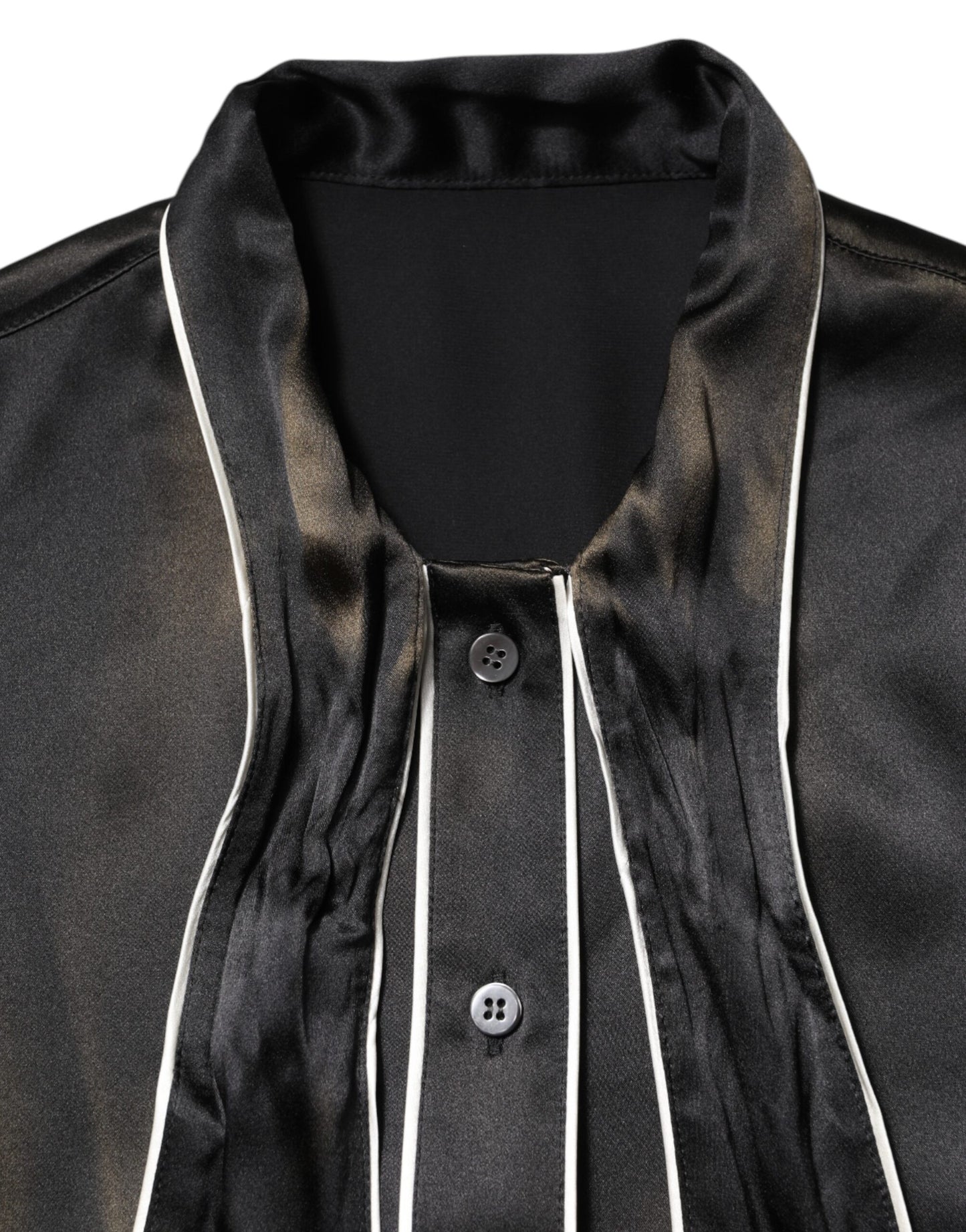Black Silk Ascot Collared Button Blouse Top