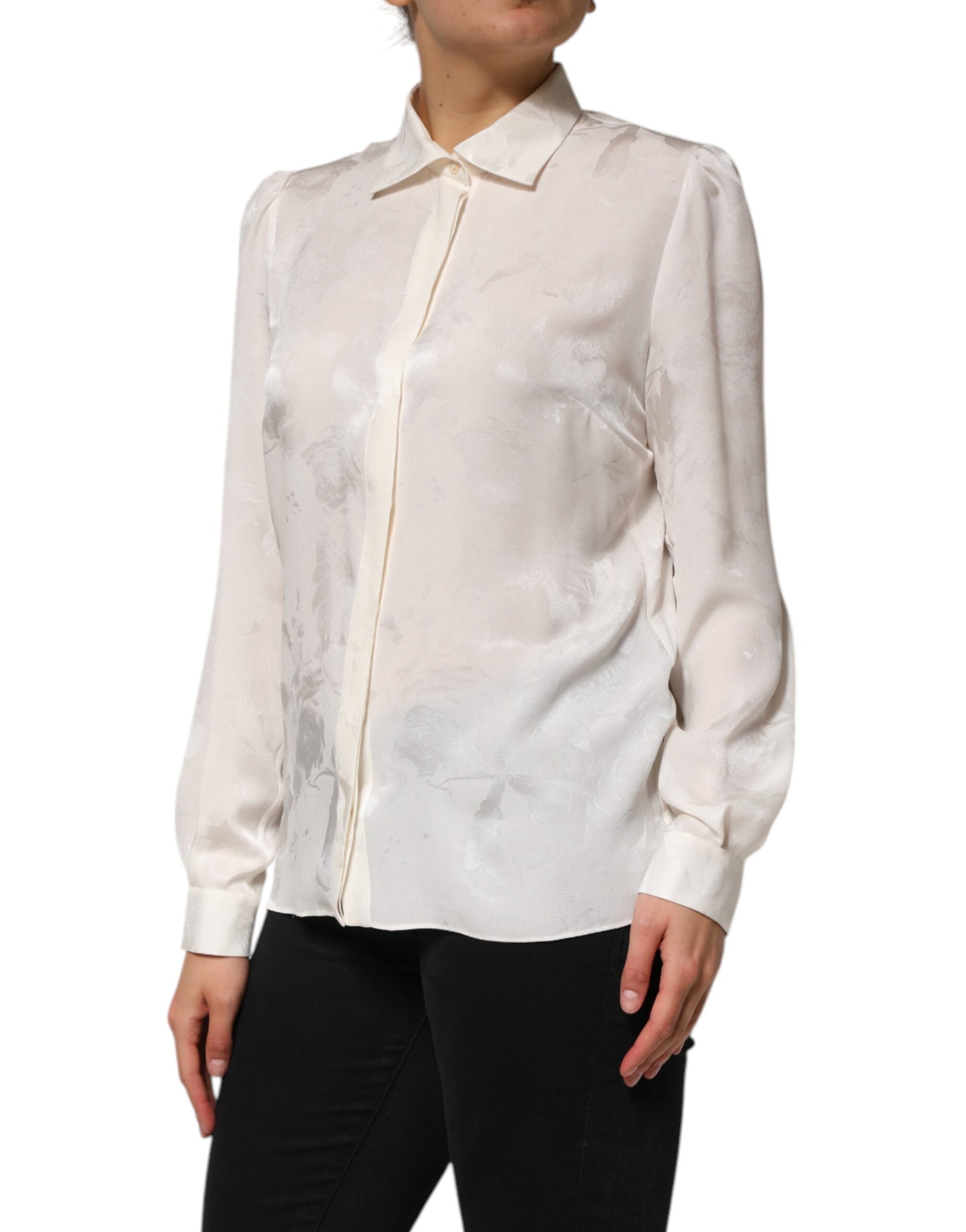 White Silk Long Sleeves Collared Shirt Top