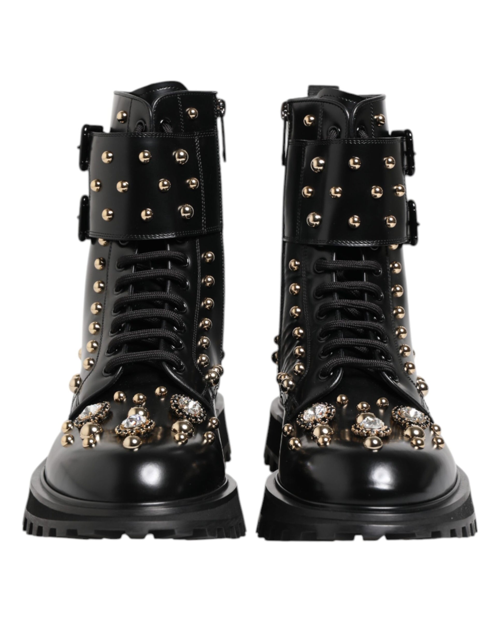Black Studded Lace Up Mid Calf Boots Shoes