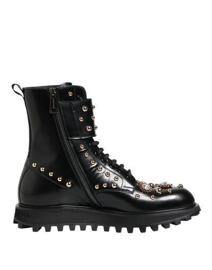 Black Studded Lace Up Mid Calf Boots Shoes