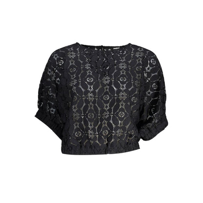 "Black Polyester Women Blouse with Contrasting Elastic Waistband"