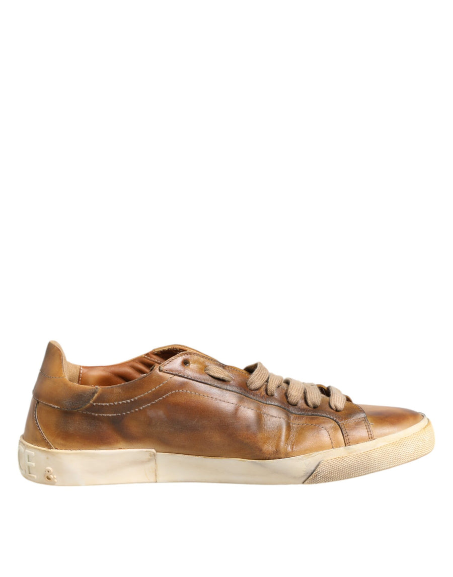 Brown Leather Low Top Men Sneakers Shoes