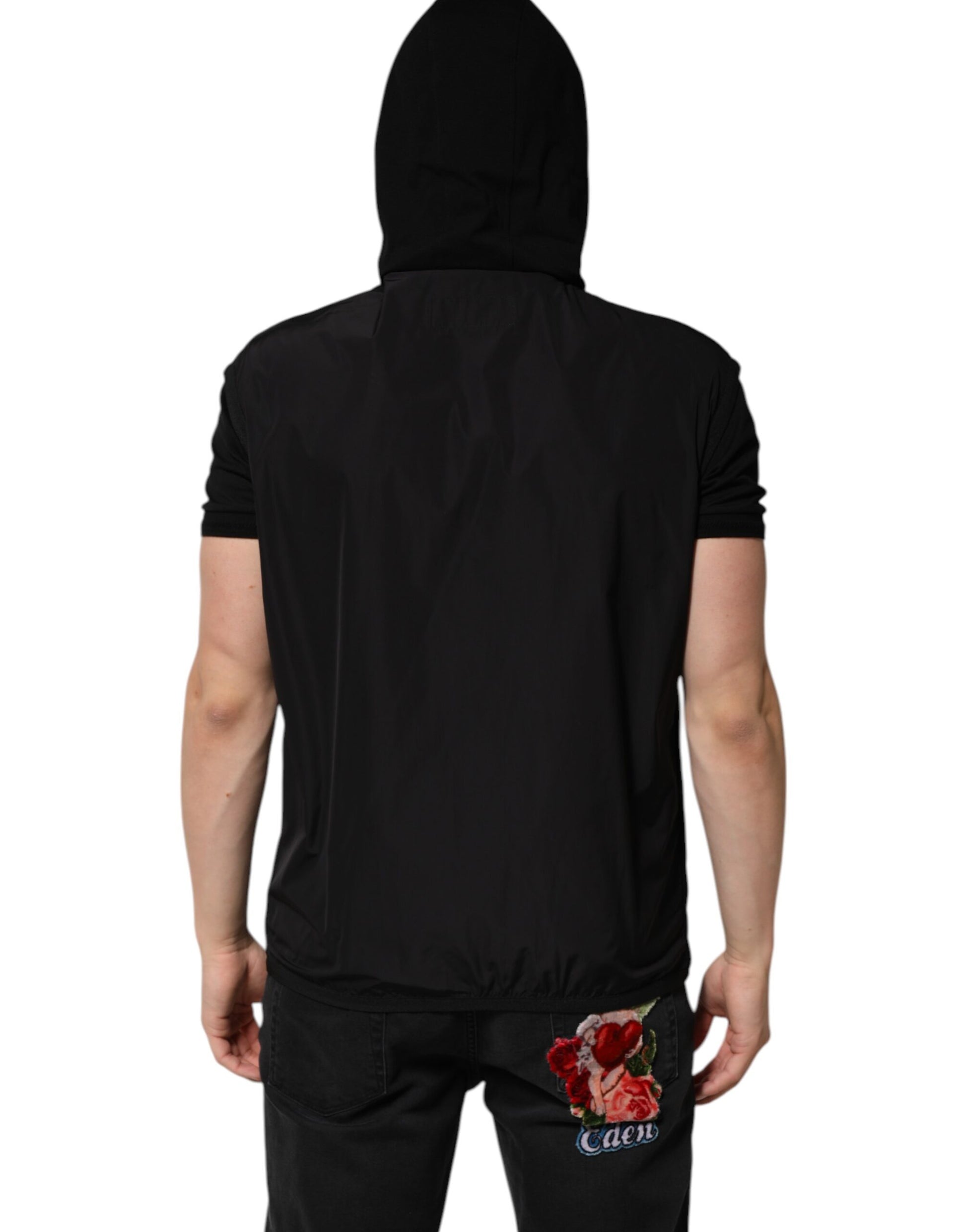 Black Sleeveless Hooded Logo Plaque Jacket