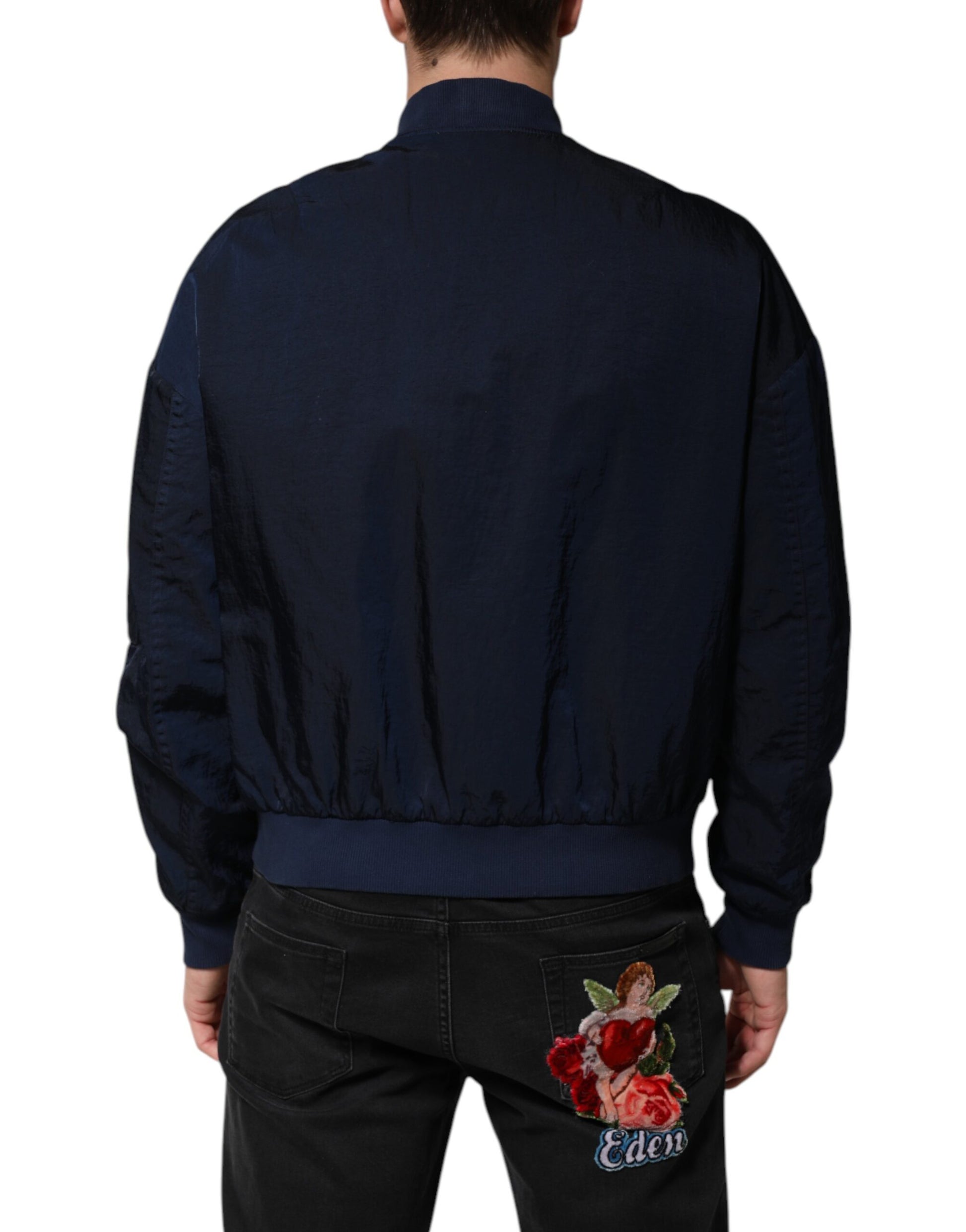 Blue Nylon DG Embroidery Men Bomber Jacket