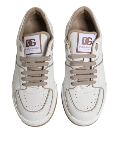 White Brown Leather Low Top Men Sneakers Shoes