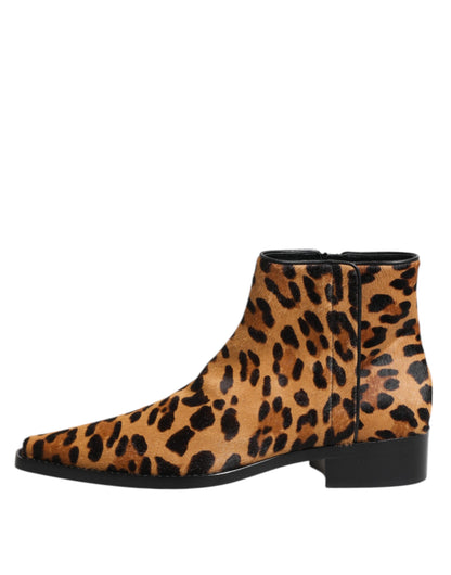 Brown Leopard Calf Fur Ankle Boots Shoes