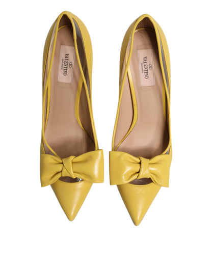 Yellow Patent Leather PVC Bow Heels Pumps Shoes