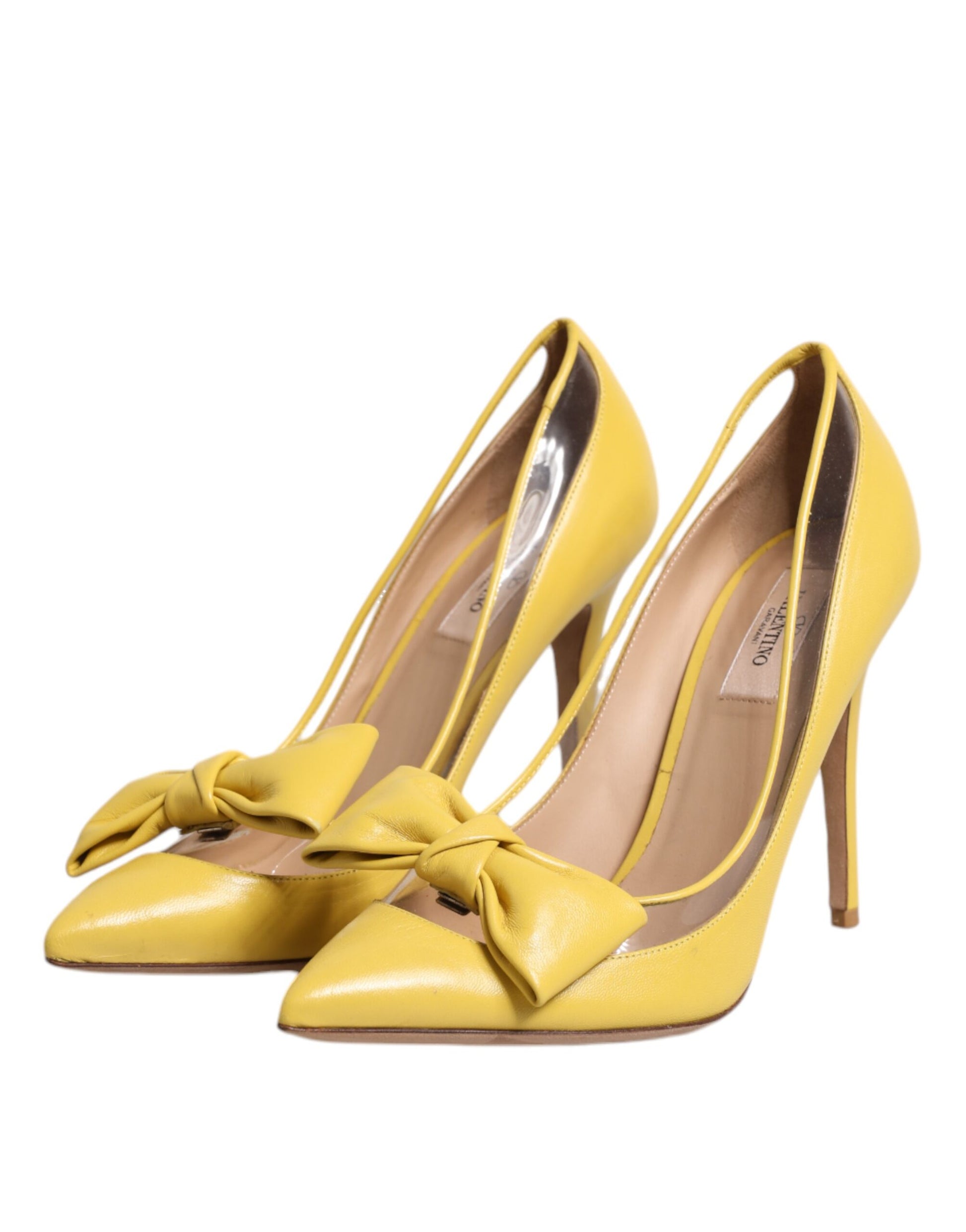 Yellow Patent Leather PVC Bow Heels Pumps Shoes