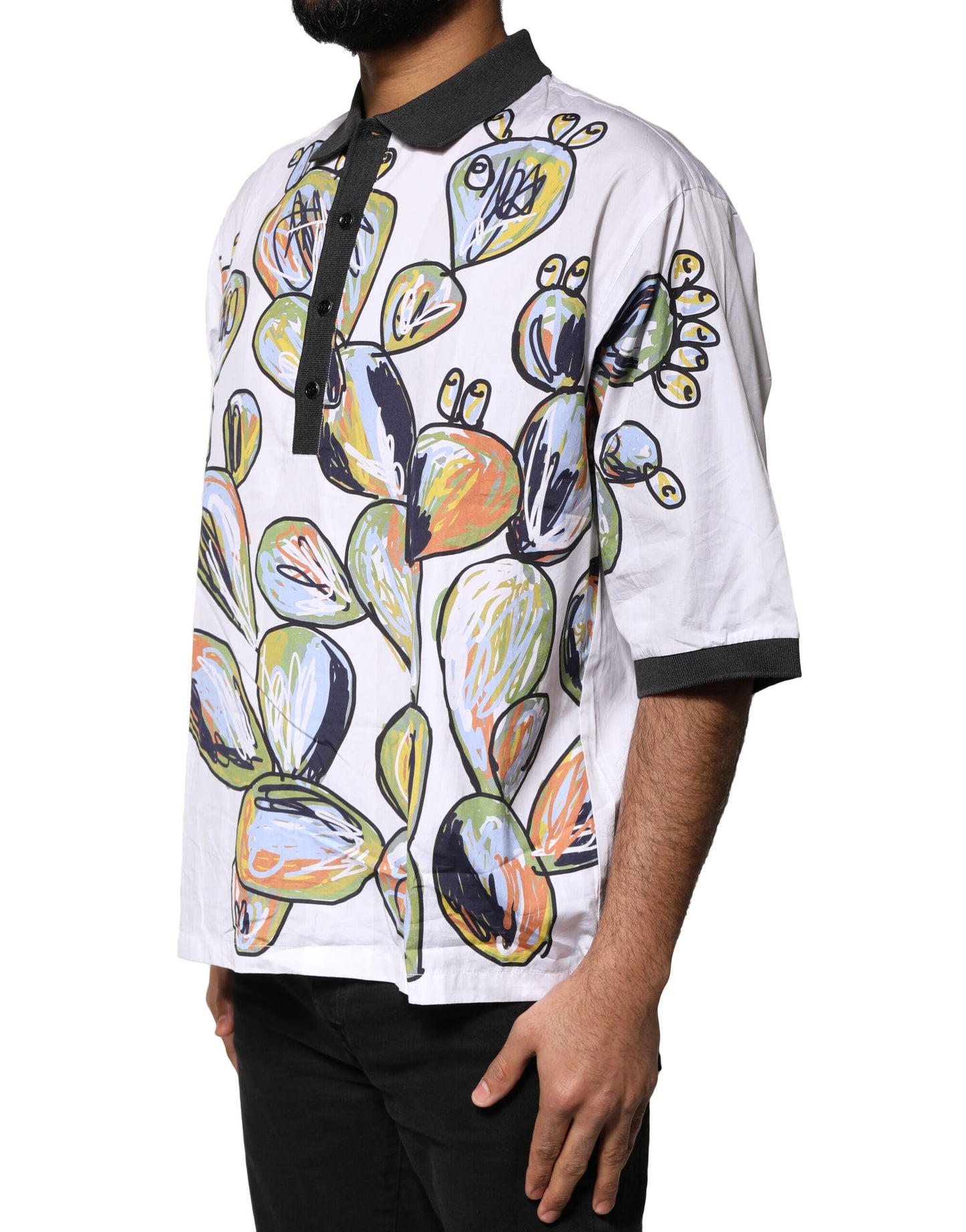 White Sketch Print Oversized Mens Polo T-shirt