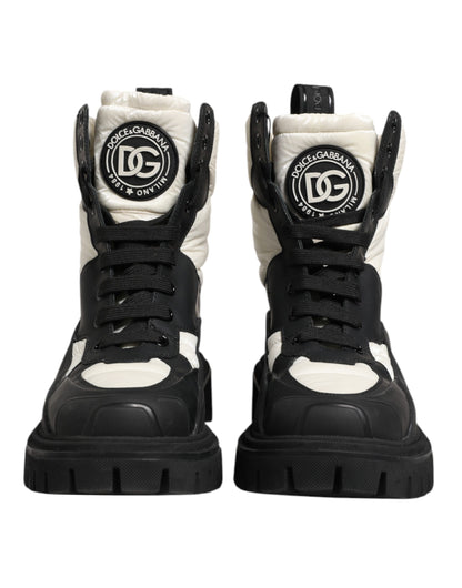 Black White Padded Mid Calf Lace Up Boots Shoes