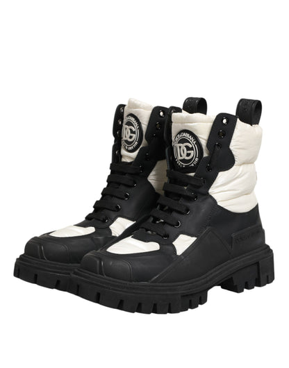 Black White Padded Mid Calf Lace Up Boots Shoes