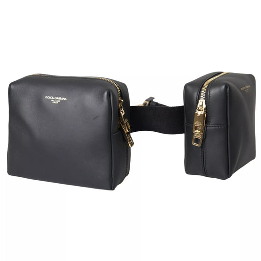 Black Calfskin Leather Double Waist Belt Fanny Pack Bag