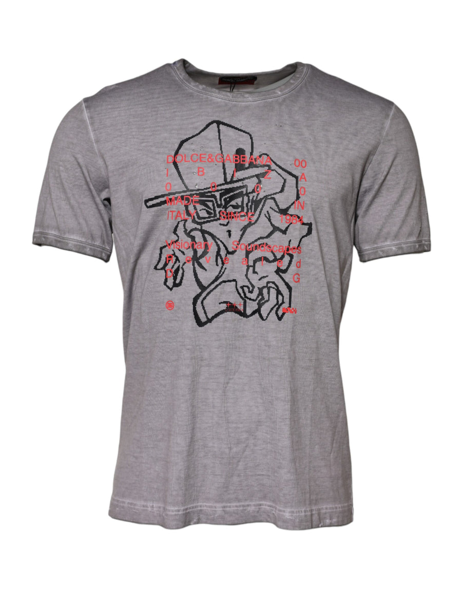 Gray Graphic Print Cotton Crew Neck T-shirt