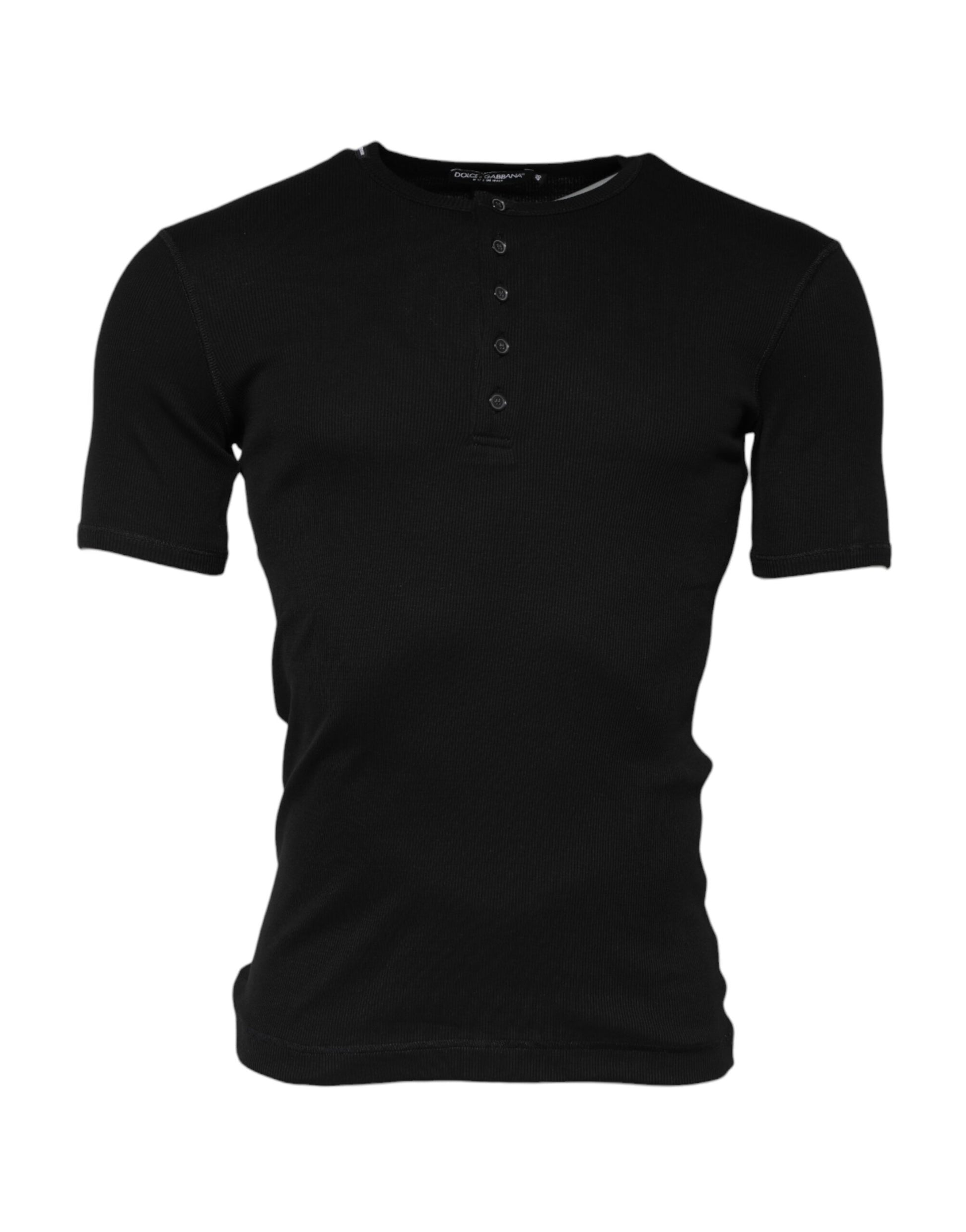 Black Cotton Knit Crew Neck Henley T-shirt