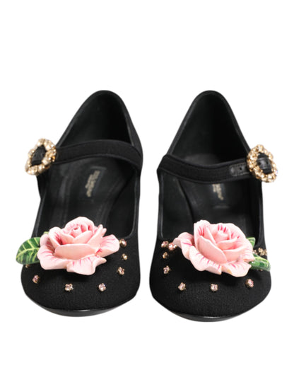 Black Flower Crystal Embellished Mary Jane Shoes