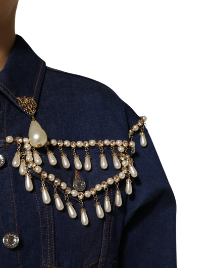 Blue Cotton Denim Crystal Embellished Jacket