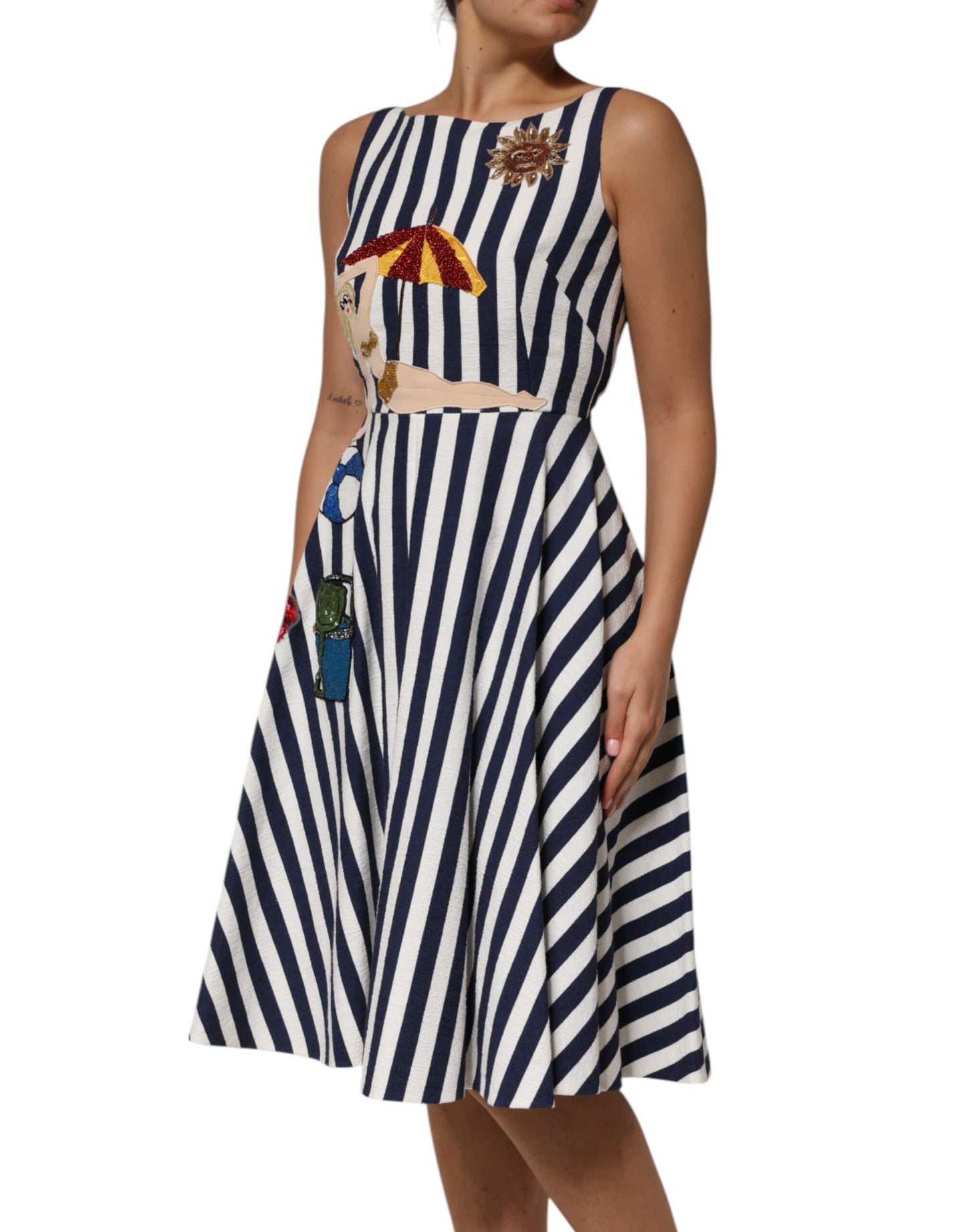 Blue White Striped Embroidered A-line Dress