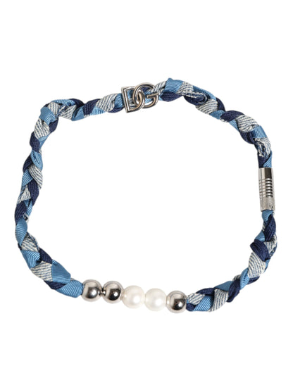 Blue White Braided Silver Metal Logo Beaded Men Bracelet