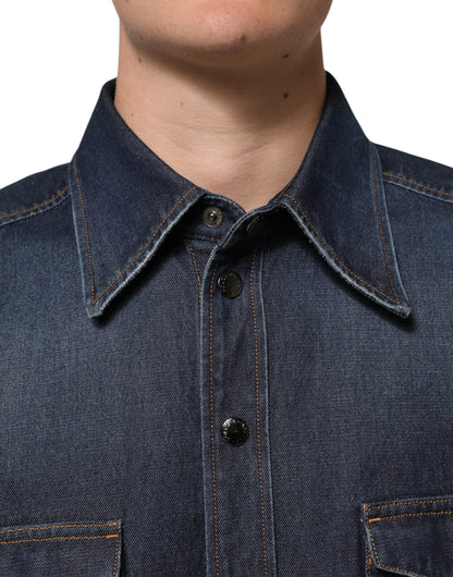 Blue Denim Button Casual Logo Patch Men Shirt