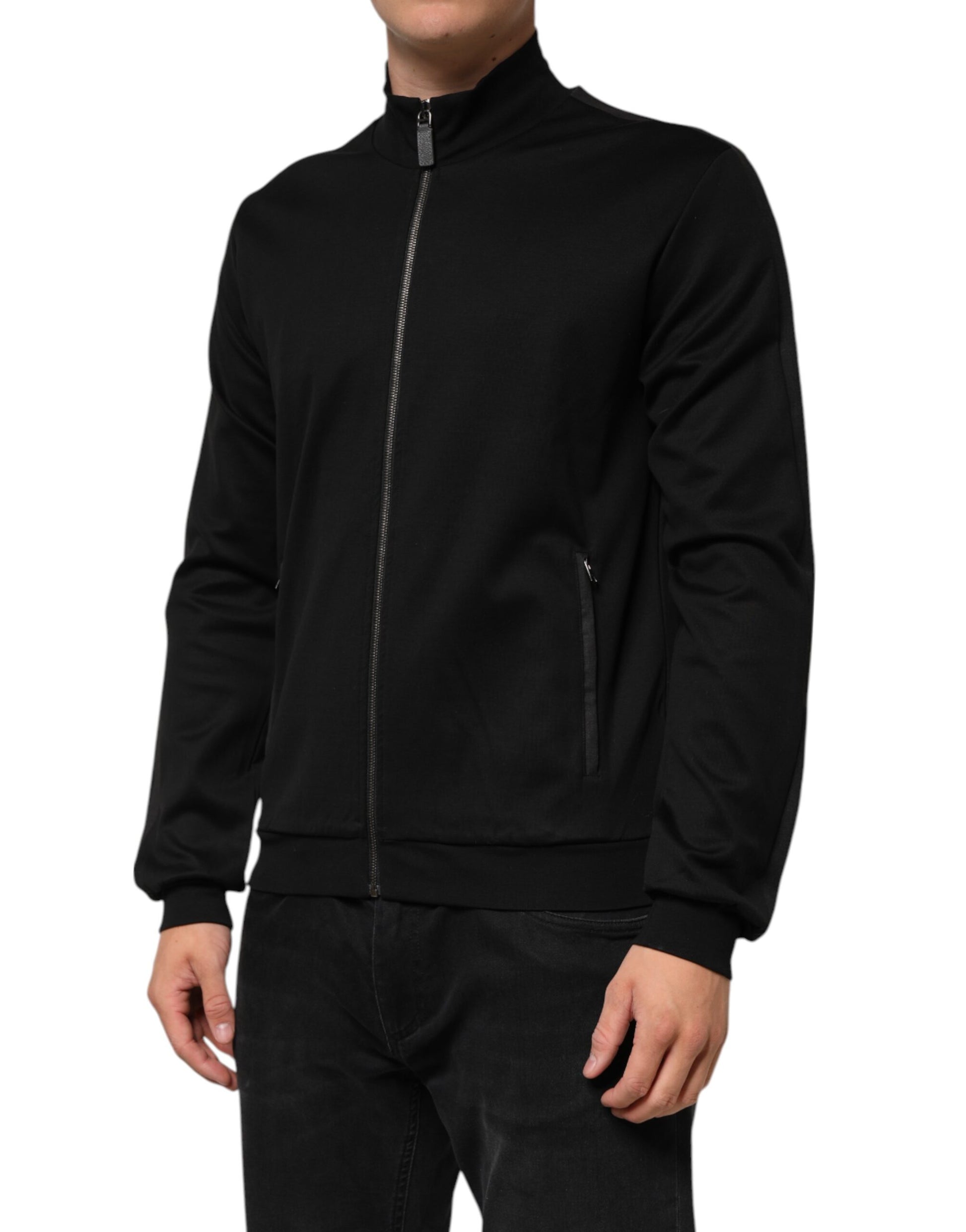 Black Cotton Logo Full Zip Men Bomber Jacket