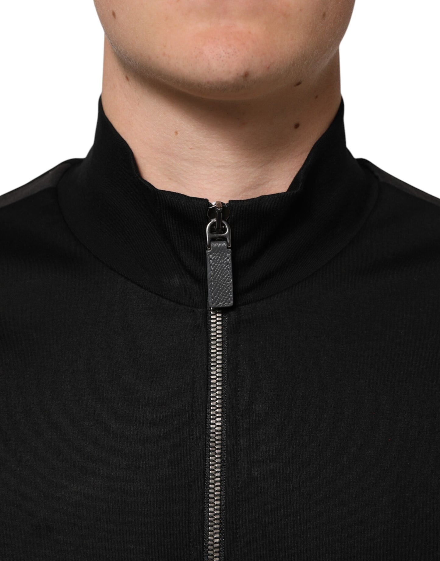 Black Cotton Logo Full Zip Men Bomber Jacket