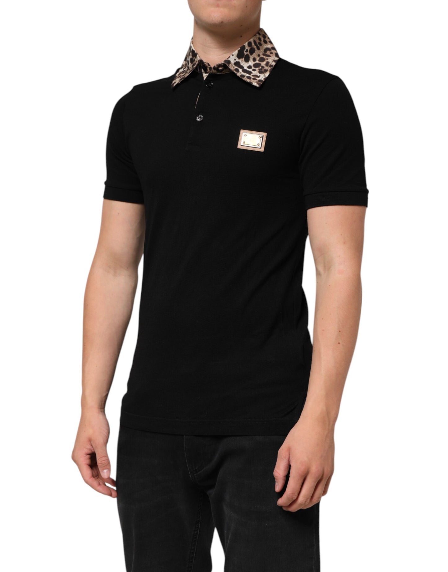 Black Cotton Leopard Collar Polo T-shirt