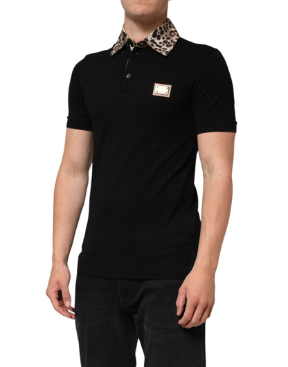 Black Cotton Leopard Collar Polo T-shirt