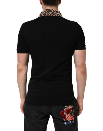 Black Cotton Leopard Collar Polo T-shirt