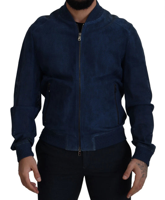 Blue Leather Perforated Full Zip Jacket