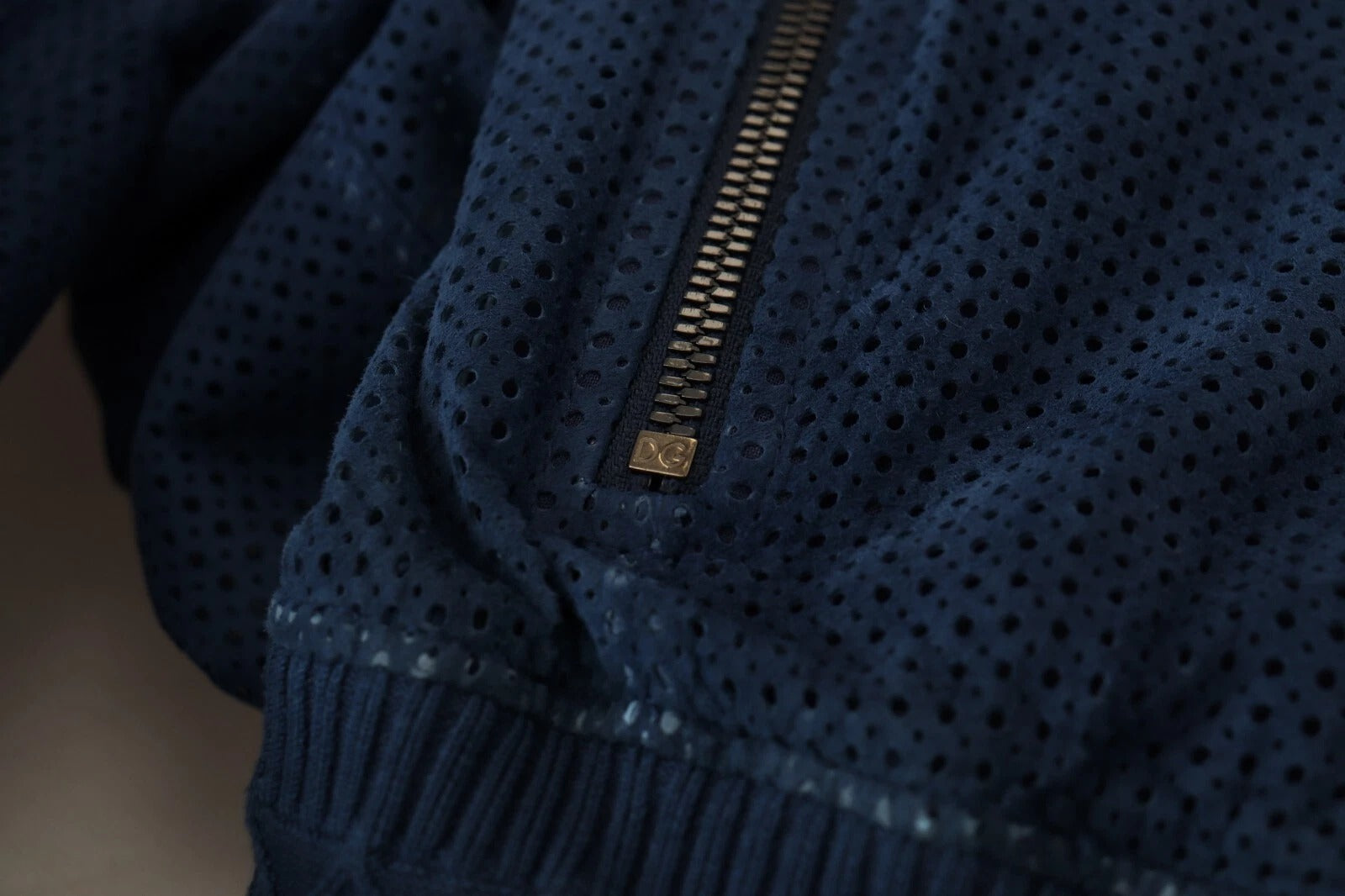 Blue Leather Perforated Full Zip Jacket