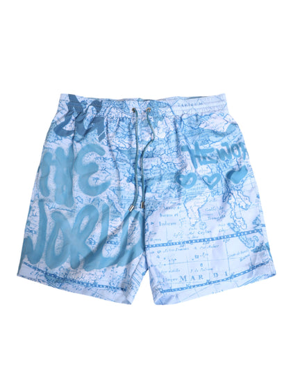 Blue World Map Polyester Elastic Waistband Swimwear