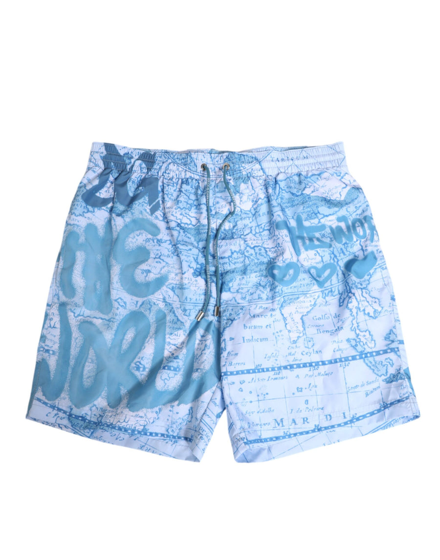 Blue World Map Polyester Elastic Waistband Swimwear