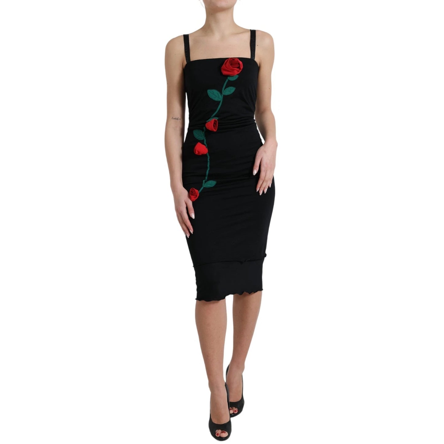 Black Wool Sleeveless Rose Applique Dress