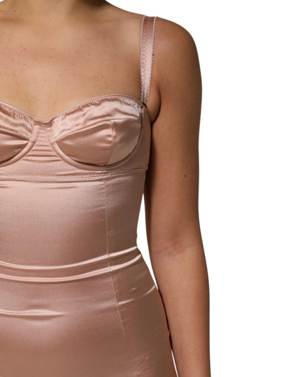 Blush Pink Silk Satin Bustier Midi Bodycon Dress