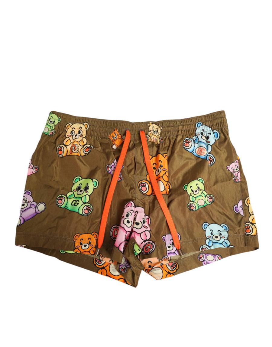 Brown Multicolor Teddy Bear Men Shorts Swimwear