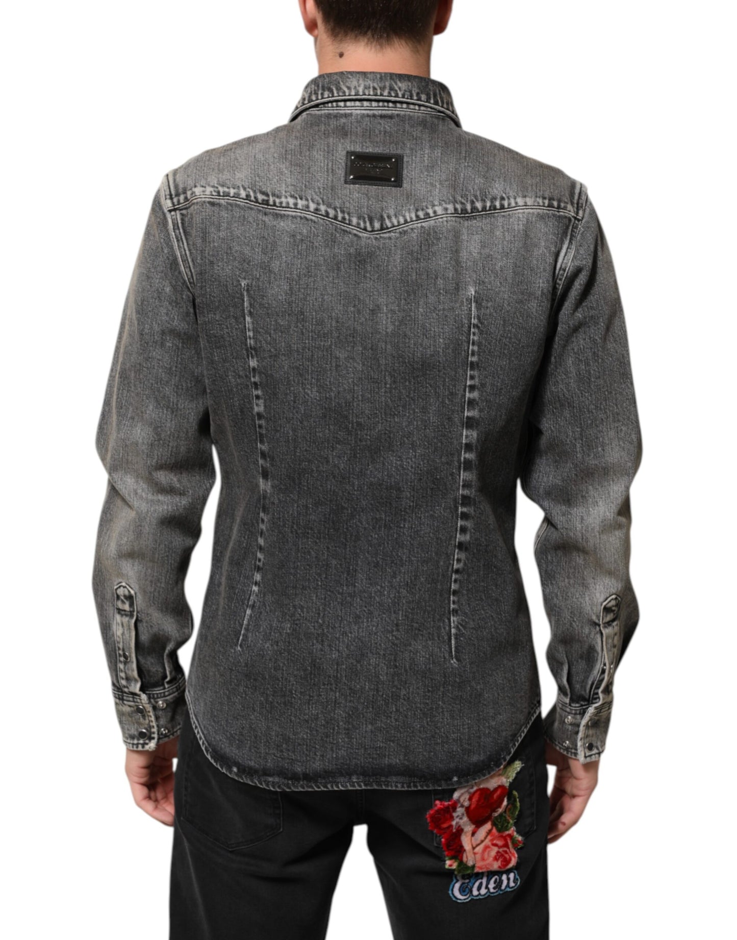 Black Washed Cotton Snap Long Sleeve Casual Shirt
