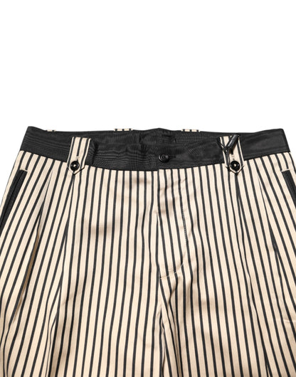 Beige Black Striped Cotton Slim Fit Trousers Pants