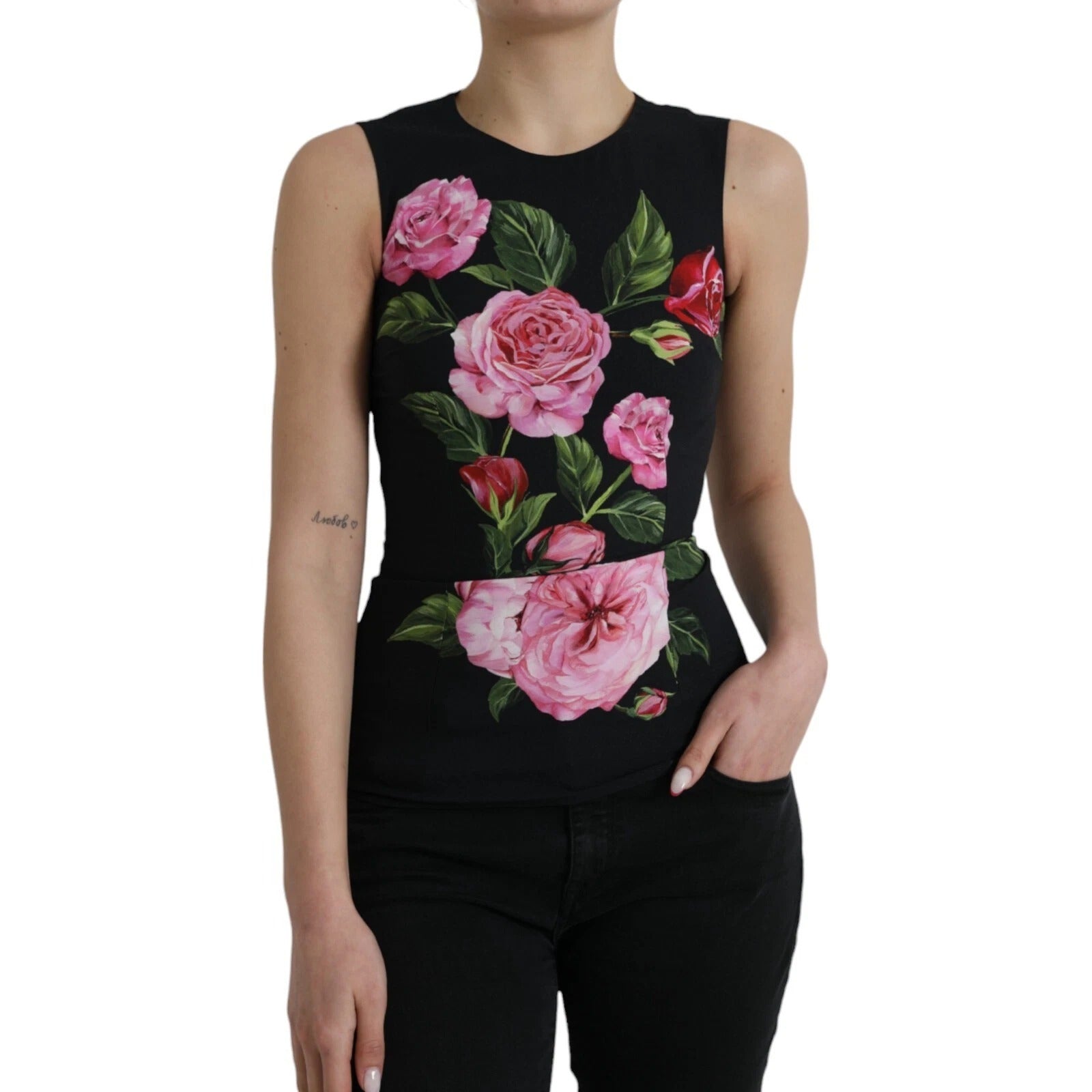 Black Floral Viscose Round Neck Tank Top