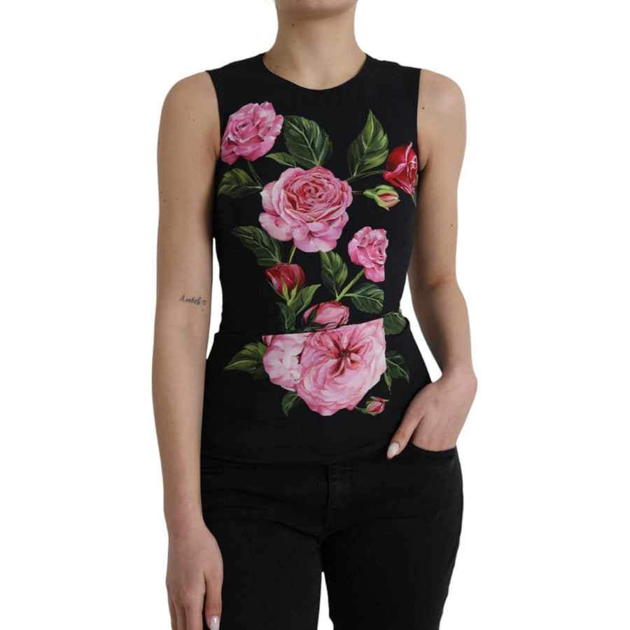 Black Floral Viscose Round Neck Tank Top