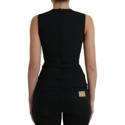 Black Floral Viscose Round Neck Tank Top