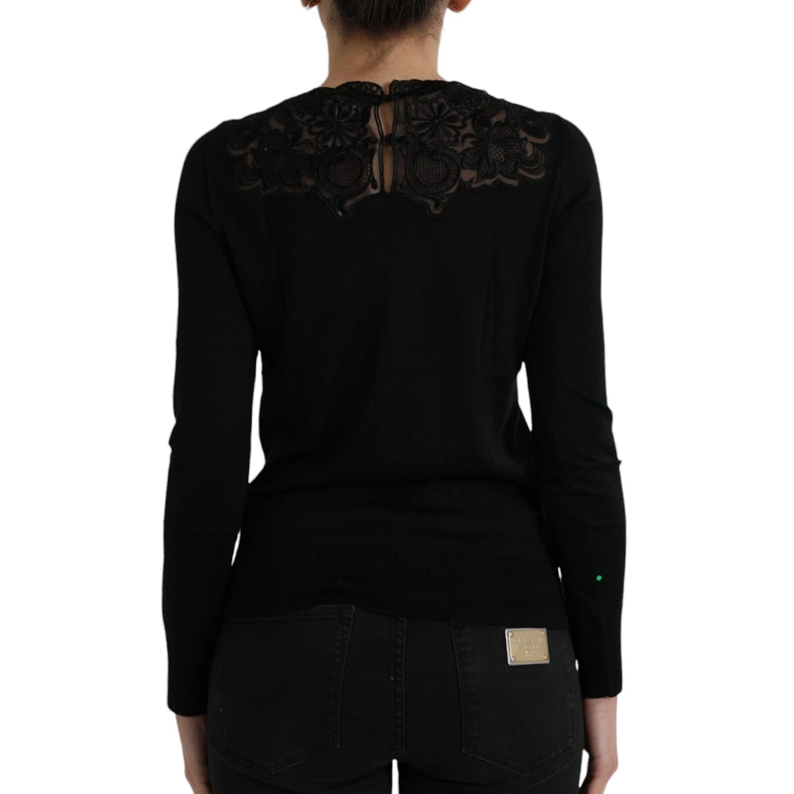 Black Silk Lace Trim Long Sleeves Blouse Top