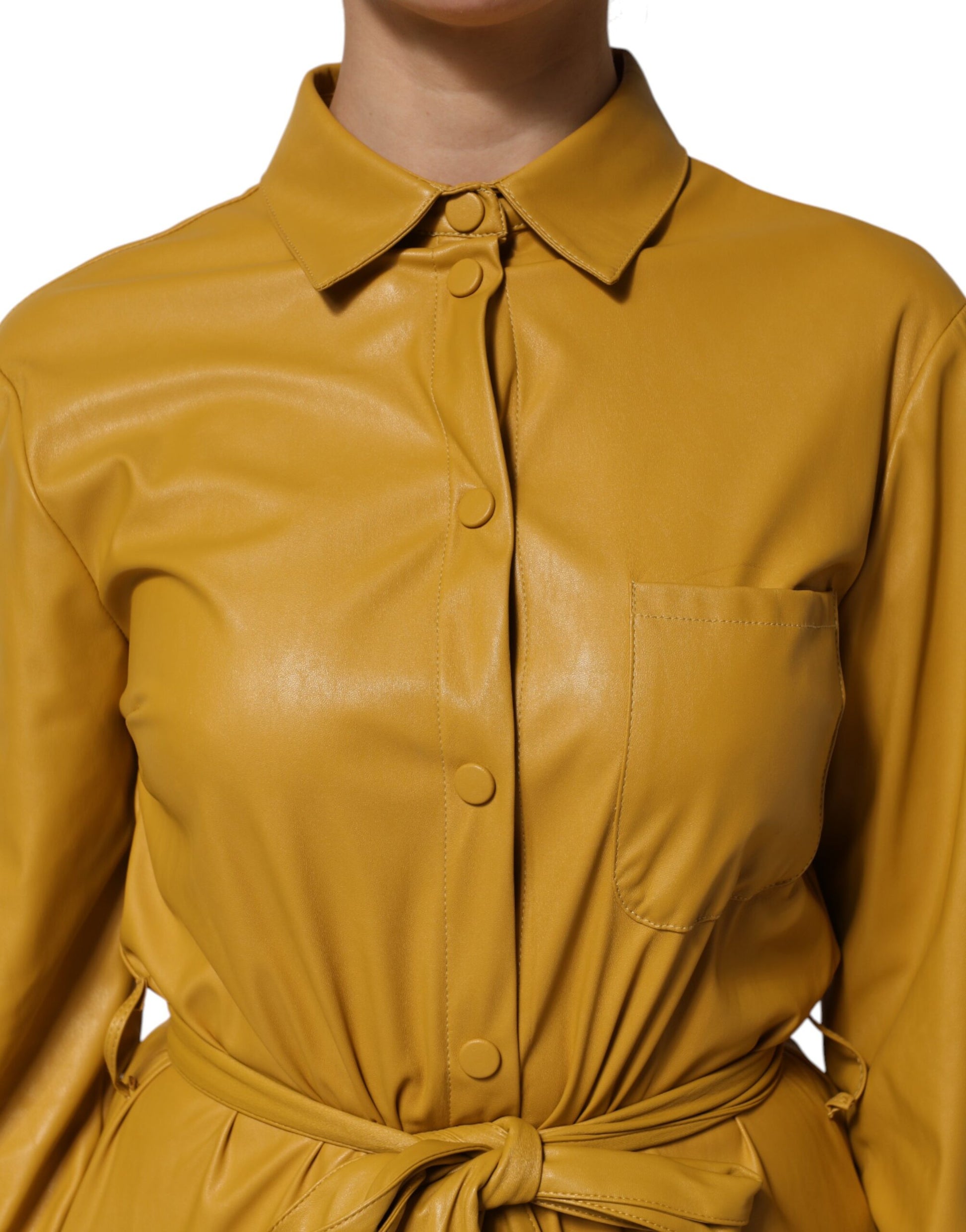 Polyester Belted Shirt Midi Long Sleeve Yellow Mustard