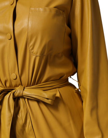 Polyester Belted Shirt Midi Long Sleeve Yellow Mustard