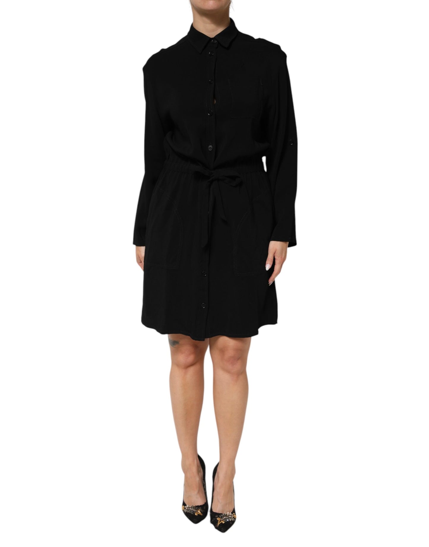 Black Viscose Blend Shirt Style Belted  Dress