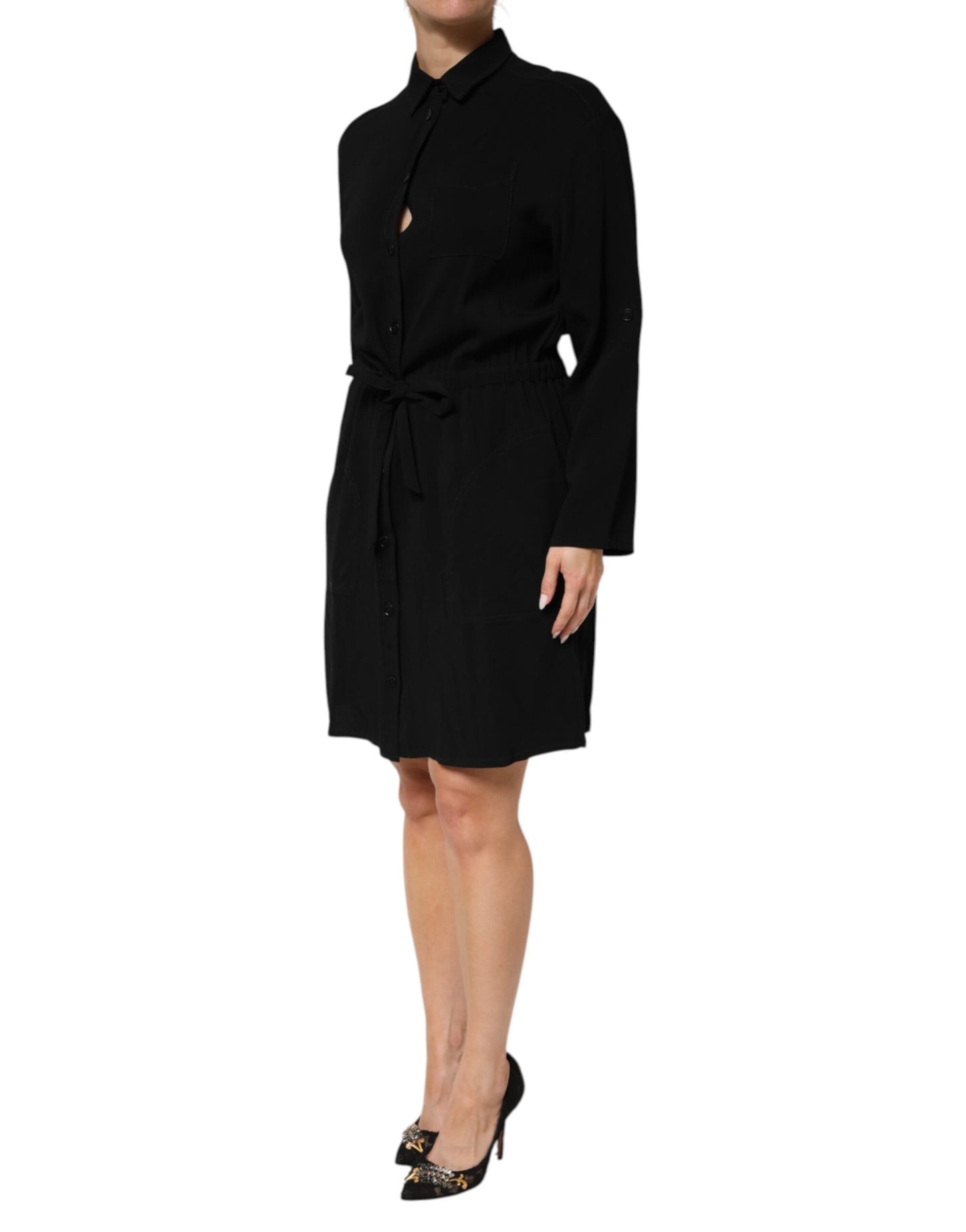 Black Viscose Blend Shirt Style Belted  Dress