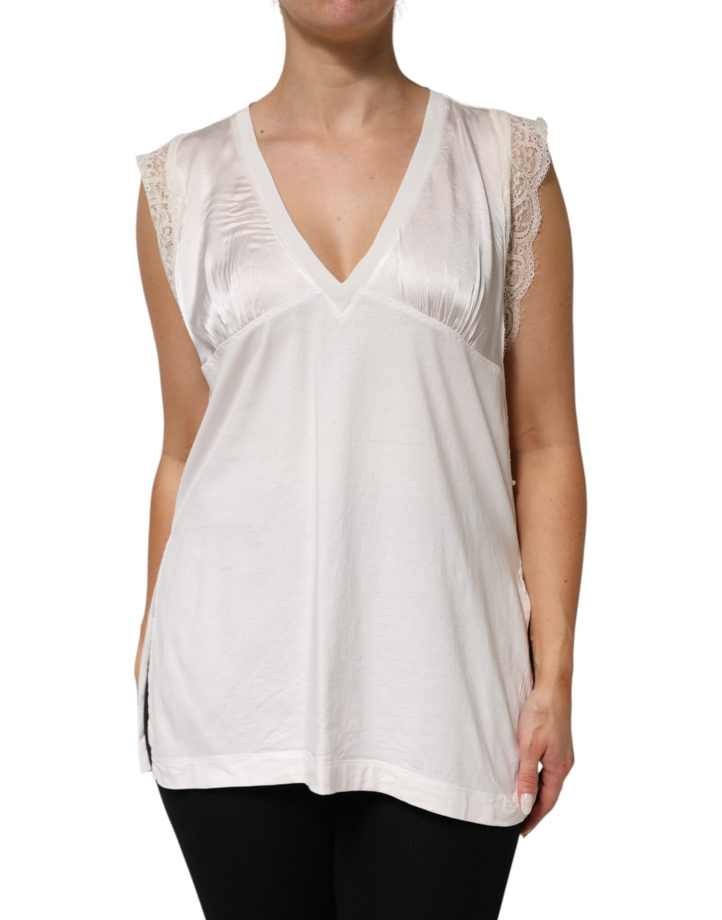 White Silk Blend Lace Trim Sleeveless V-Neck Women’s Top