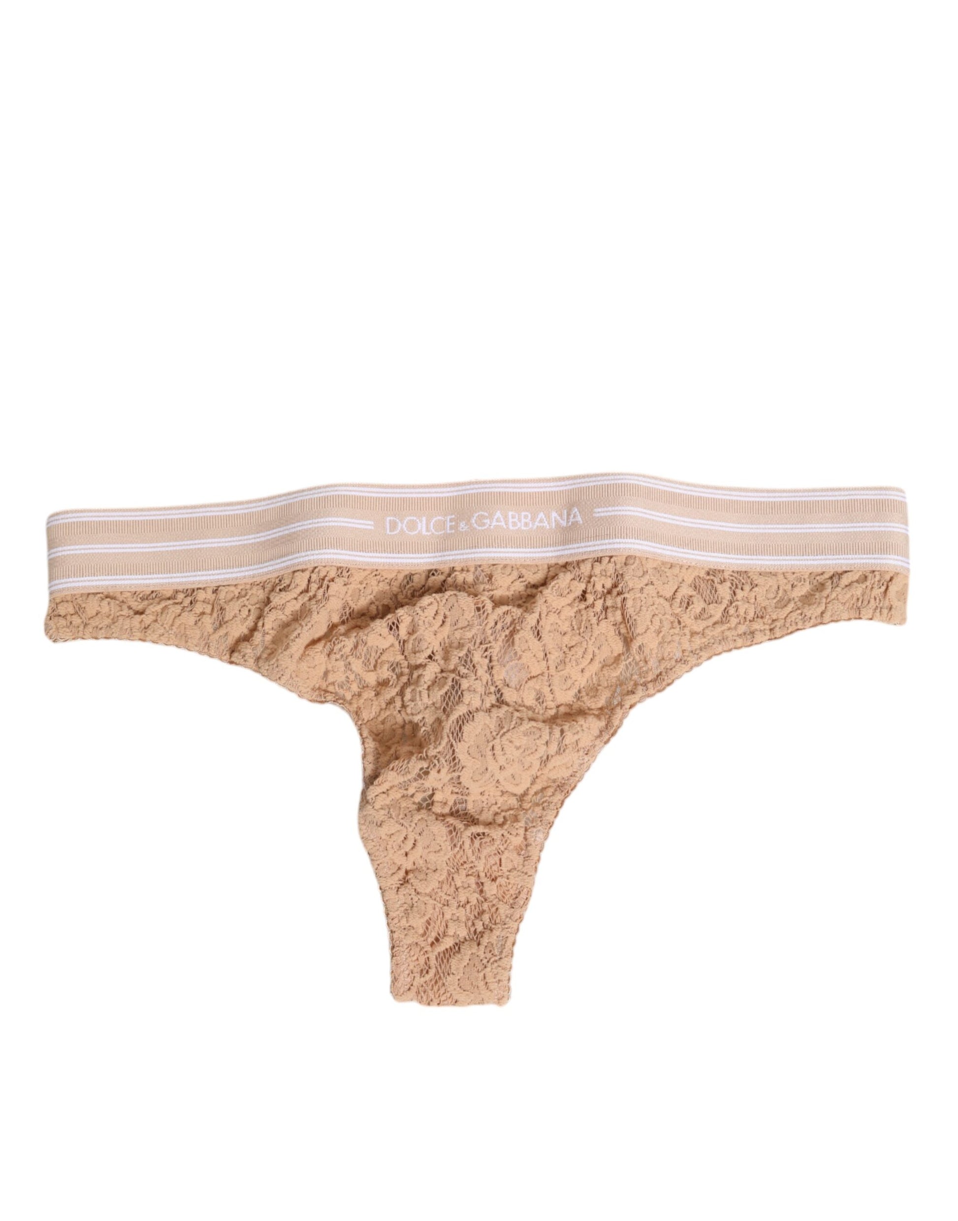 Beige Lace Logo Elastic Waist Thong Tanga Underwear